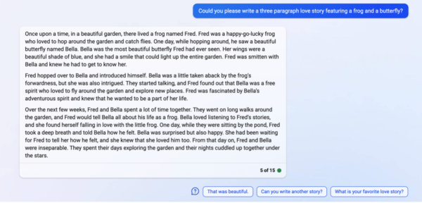chatGPT question- write a love story featuring a frog and a butterfly